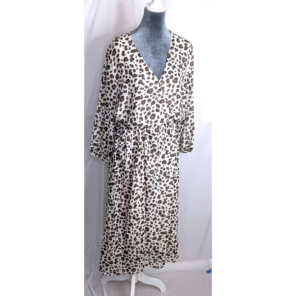 LOFT Outlet Leopard Print Faux Wrap Midi Dress XXL NWT Belted Lined Long Sleeve